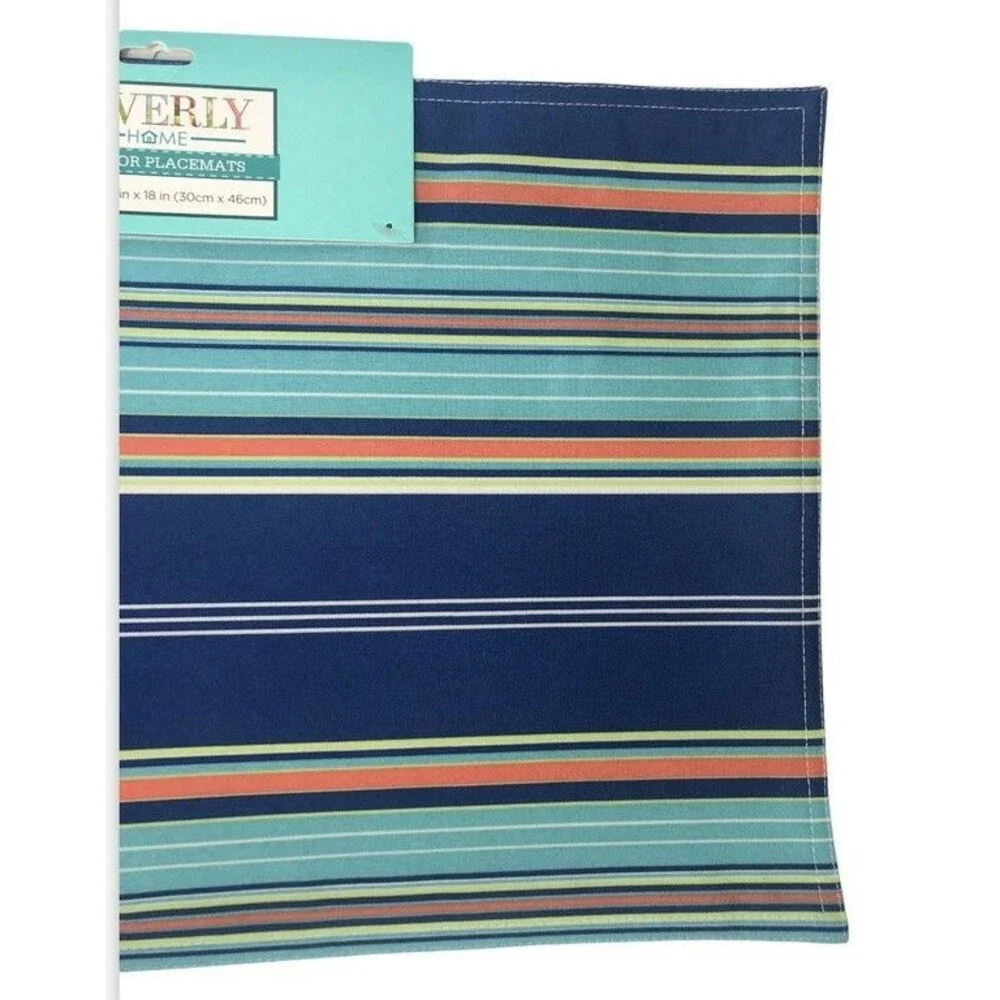 Waverly Placemats Blue Striped Fabric Indoor Outdoor Beach Summer Set of 4